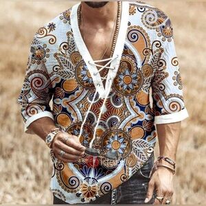 Men's Fashion Shirt Short Sleeve Beach V-Neck Drawstring printing Yoga